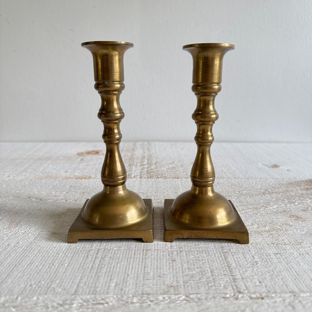 Small Square Base Brass Candle Holder Set of Two